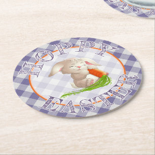 Hoppy Happy Easter Bunny Violet Gingham Pattern Round Paper Coaster