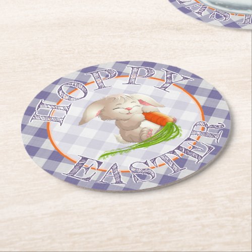 Hoppy Happy Easter Bunny Violet Gingham Pattern Round Paper Coaster