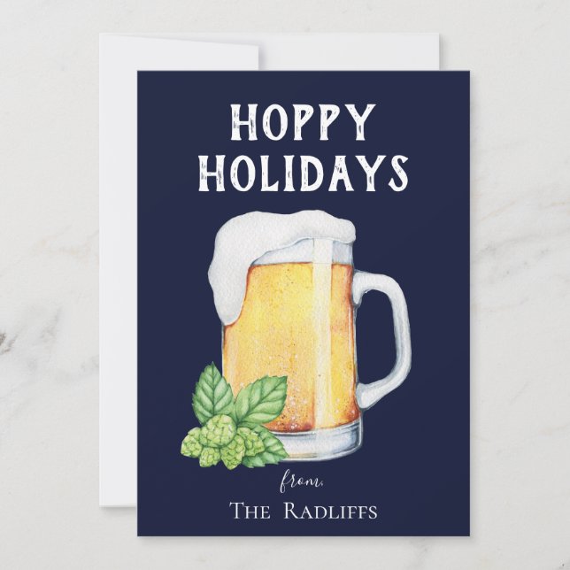 Hoppy Holidays Beer Mug Flat Blue Holiday Card (Front)