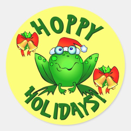 Hoppy Holidays Cartoon Christmas Frog Bows Bells Classic Round Sticker