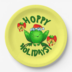 Hoppy Holidays Cartoon Christmas Frog Bows Bells Paper Plates