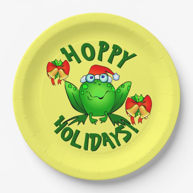 Hoppy Holidays Cartoon Christmas Frog Bows Bells Paper Plates (Front)