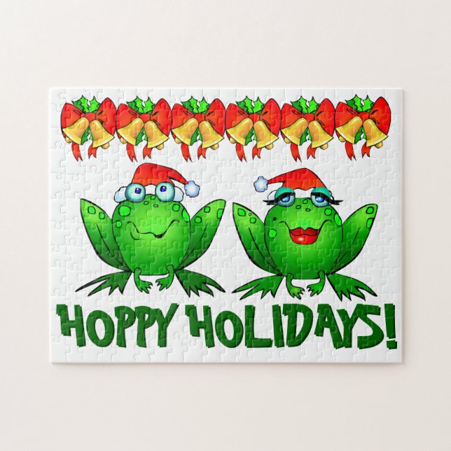 Hoppy Holidays Cartoon Christmas Frogs Bells Bows Jigsaw Puzzle (Horizontal)
