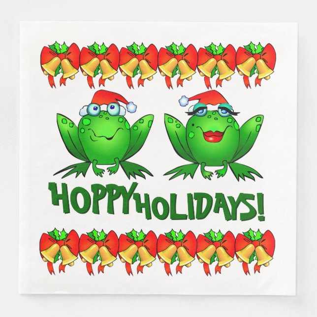 Hoppy Holidays Cartoon Christmas Frogs Bows Bells Paper Dinner Napkins (Front)