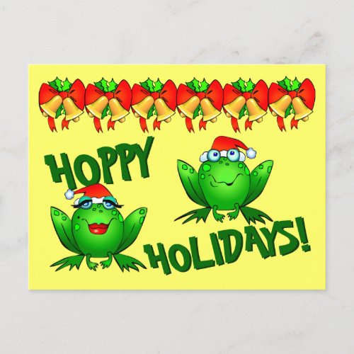 Hoppy Holidays Cartoon Christmas Frogs Bows Bells Postcard