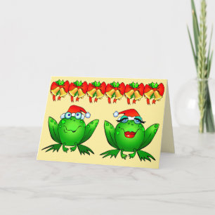 Hoppy Holidays Cartoon Frogs Santa Hats Bells Holiday Card