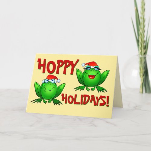 Hoppy Holidays Cartoon Green Frogs Red Letters Holiday Card