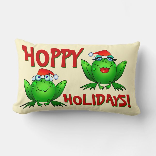 Hoppy Holidays Cartoon Green Frogs Red Letters Lumbar Pillow (Front)