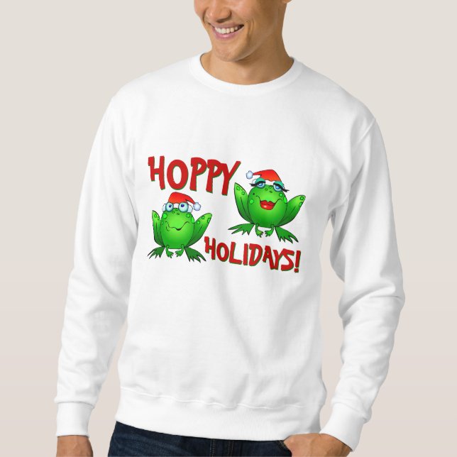 Hoppy Holidays Cartoon Green Frogs Shirt Red Text (Front)
