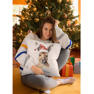 Hoppy Holidays, Christmas Kangaroo custom Throw Pillow