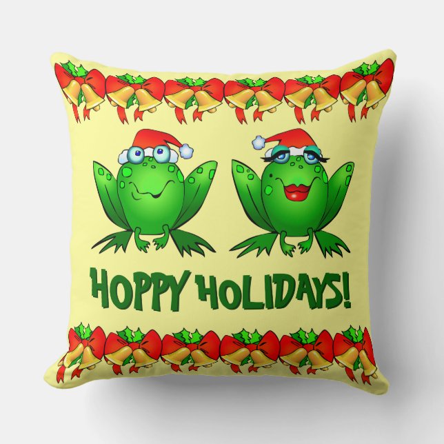 Hoppy Holidays Cute Santa Christmas Frogs Throw Pillow (Front)