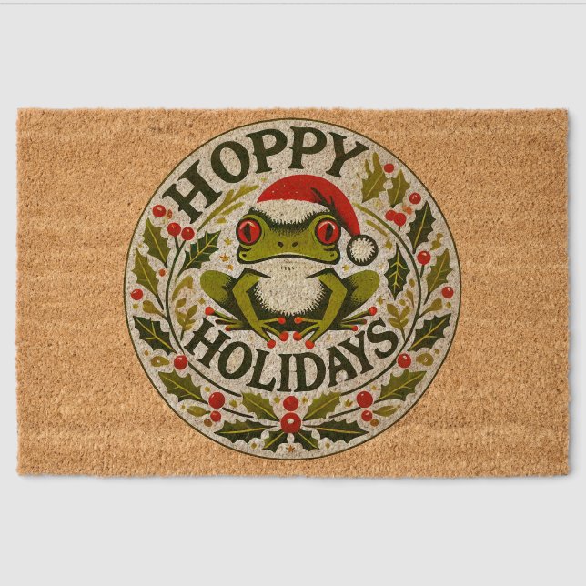 Hoppy Holidays Frog Christmas                      Fiber Doormat (Front)
