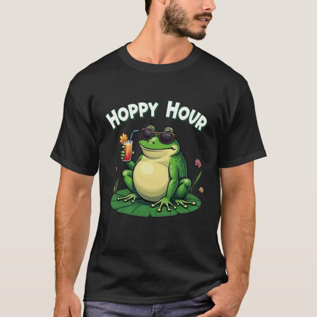 Hoppy Hour – Funny Frog Drinking T-Shirt (Front)