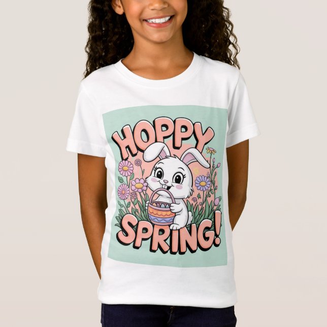 Hoppy Spring Bunny T-Shirt - Cute Easter Floral Gi (Front)