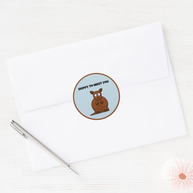 Hoppy to Meet You Kangaroo Funny Cartoon Classic Round Sticker (Envelope)
