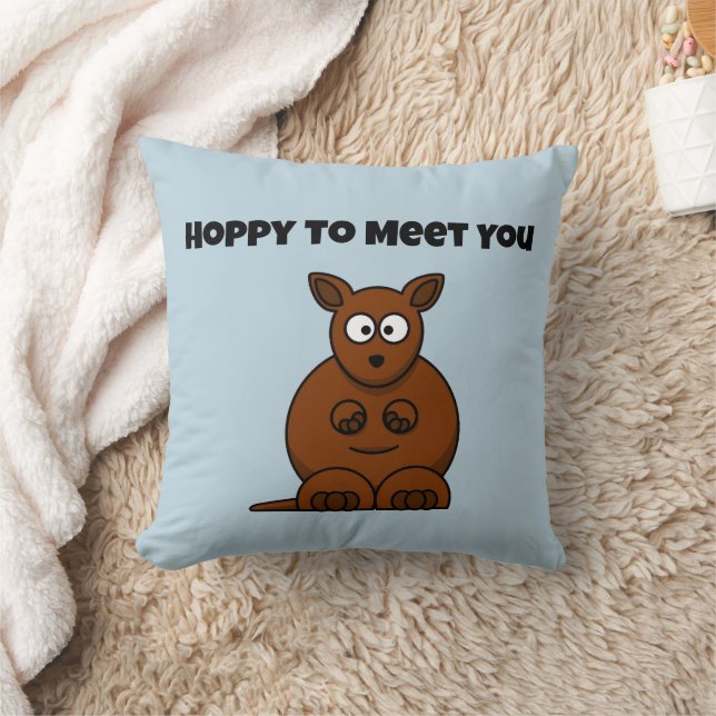 Hoppy to Meet You Kangaroo Funny Cartoon Throw Pillow (Blanket)