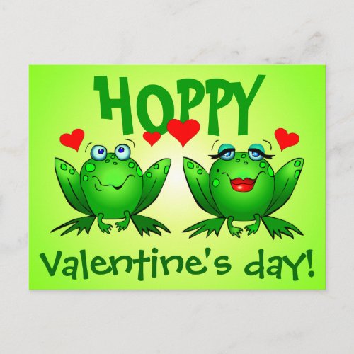 Hoppy Valentines Day Green Cartoon Frogs Post Card