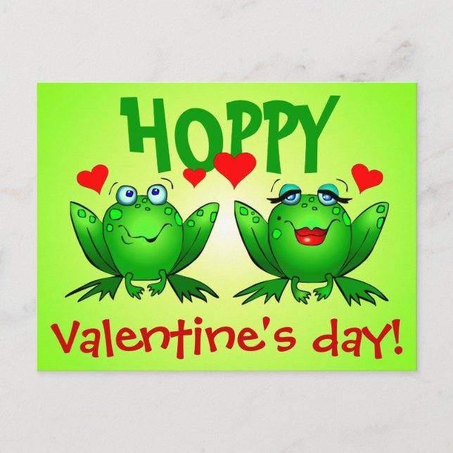 Hoppy Valentines Day Green Cartoon Frogs Postcard (Front)