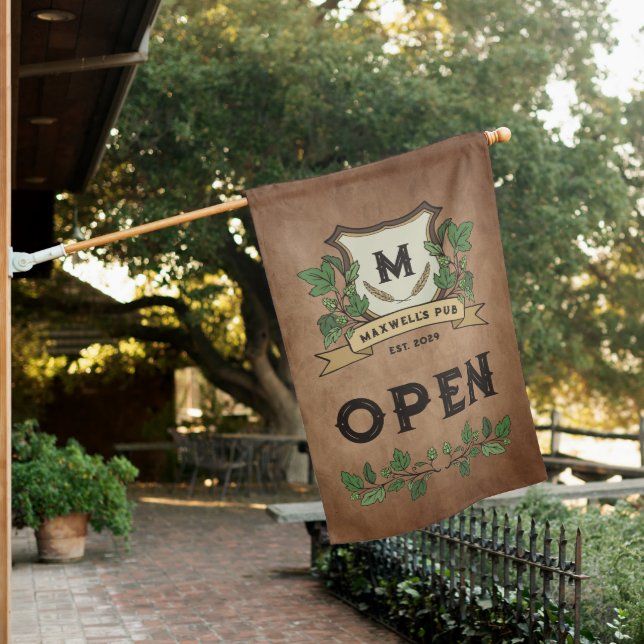 Hops Barley Monogram Weathered Your Pub Open House Flag (In SItu)