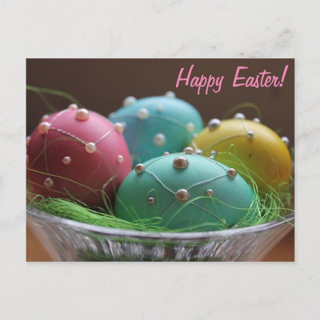 Horiz. "Happy Easter" Colorful Eggs Holiday Postcard (Front)