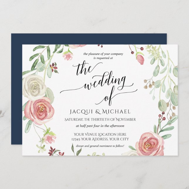 Horizonal Blush Rose Wreath Foliage Watercolor Invitation (Front/Back)