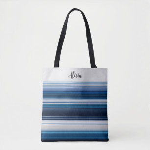 Horizonal Stripes in Blue White Gray Tote Bag