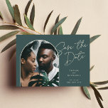 Horizontal Arch | Photo Save The Date<br><div class="desc">An elegant save the date design with a unique layout, this chic card features a vertical photo in an arched shape on a rich forest green background, with "save the date" in off-white hand lettered script typography. Personalize with your names, wedding date, and location, and add additional details to the...</div>