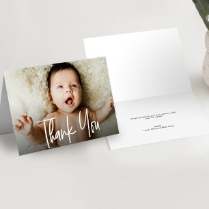 Horizontal Baby Photo Modern Handlettering script Letterpress Thank You Card