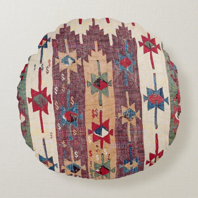 Horizontal Band Kilim Purple Green Bands  Round Pillow (Front)