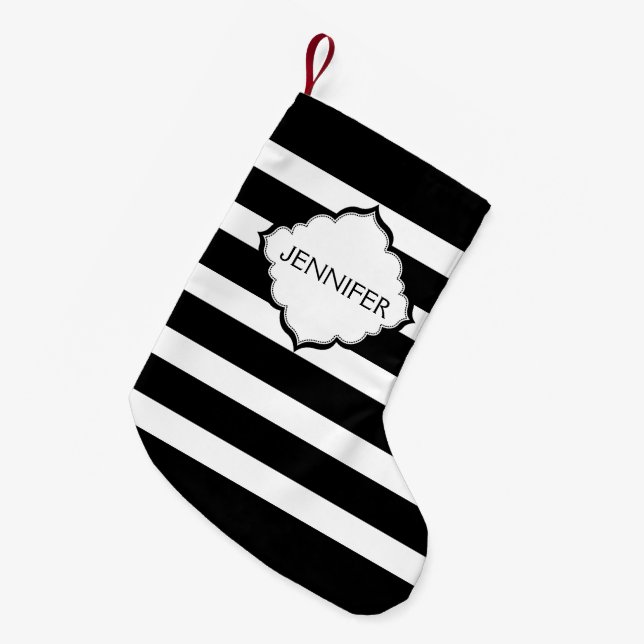 Horizontal Black And White Stripes Small Christmas Stocking (Front (Hanging))