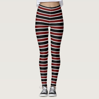 Horizontal Black Maroon White Stripe Pattern Leggings