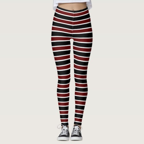 Horizontal Black Maroon White Stripe Pattern Leggings