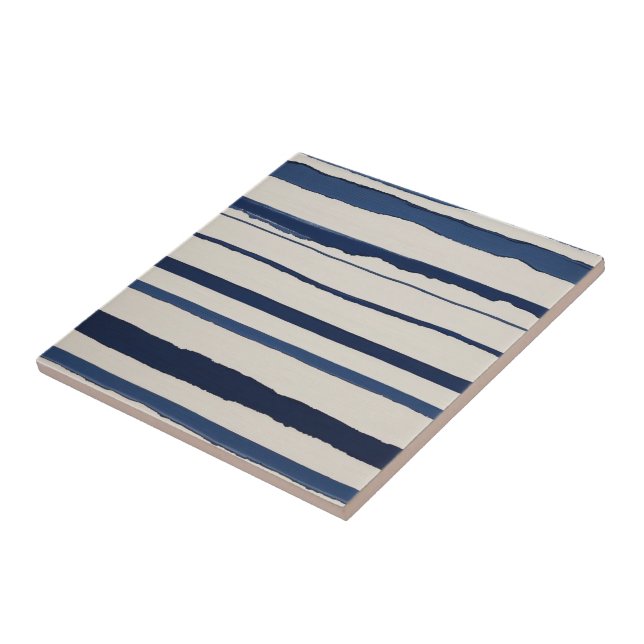 horizontal blue and white abstract stripes ceramic tile (Side)