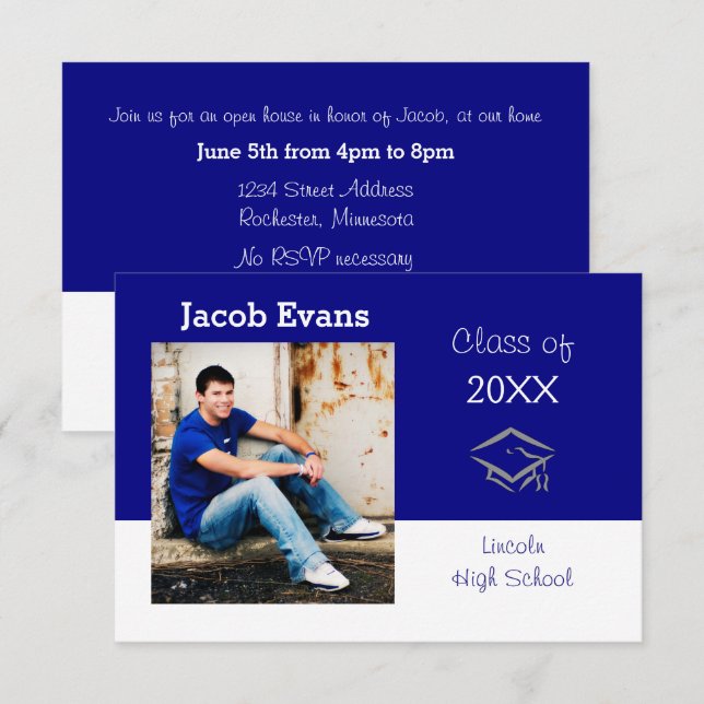Horizontal Blue w/Photo-3x5Graduation Announcement (Front/Back)