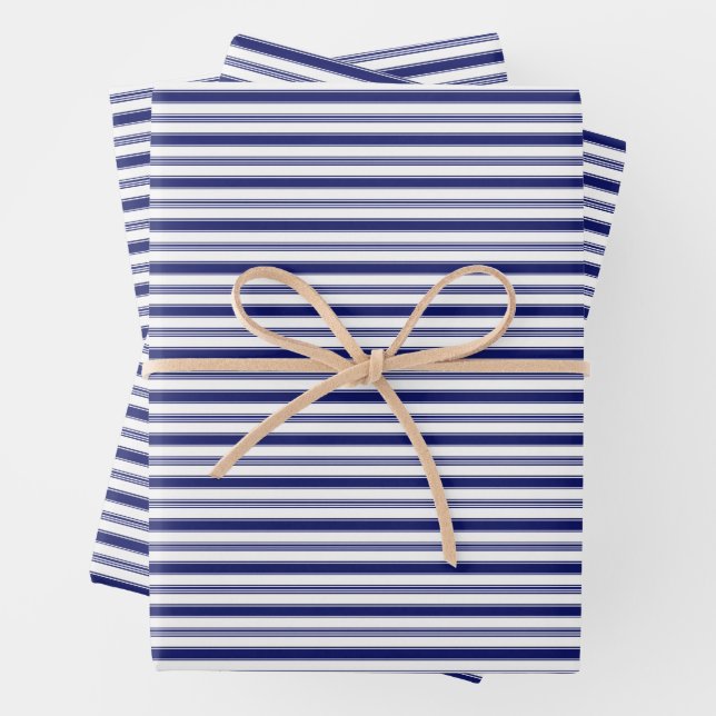 Horizontal Blue & White Stripes (small scale) Wrapping Paper Sheets (In situ)