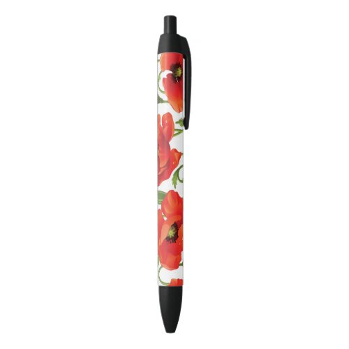 Horizontal border with red poppy black ink pen