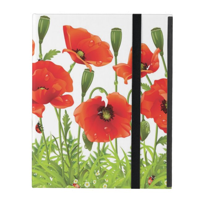 Horizontal border with red poppy iPad cover (Front Closed)