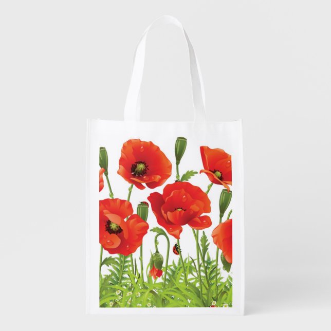 Horizontal border with red poppy reusable grocery bag (Front)