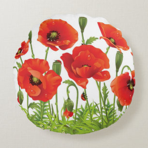 Horizontal border with red poppy round pillow