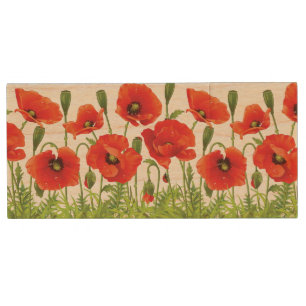 Horizontal border with red poppy wood USB flash drive