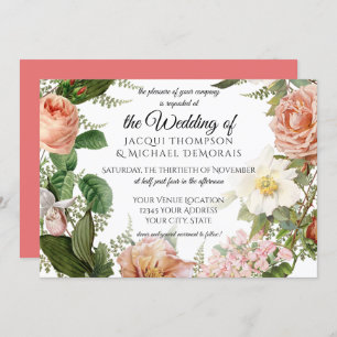 Horizontal Coral Ivory Vintage Rose Floral Wedding Invitation