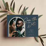 Horizontal Foil Arch | Photo Save The Date Foil Invitation<br><div class="desc">An elegant save the date design with a unique layout, this chic card features a vertical photo in an arched shape on a rich navy blue background, with "save the date" in rose gold foil hand lettered script typography. Personalize with your names, wedding date, and location, and add additional details...</div>