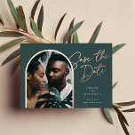 Horizontal Foil Arch | Photo Save The Date Foil Invitation<br><div class="desc">An elegant save the date design with a unique layout, this chic card features a vertical photo in an arched shape on a rich forest green background, with "save the date" in rose gold foil hand lettered script typography. Personalize with your names, wedding date, and location, and add additional details...</div>