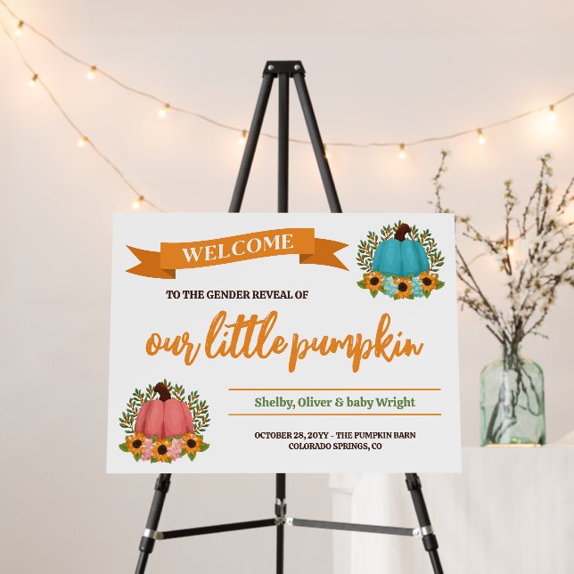 Horizontal Little Pumpkin Gender Reveal Welcome Foam Board (In Situ (Stand))