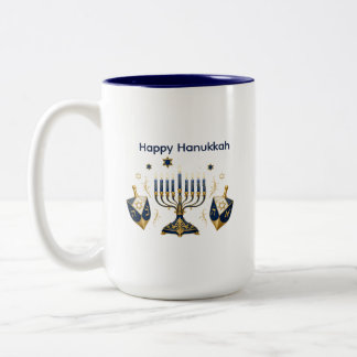 Horizontal Menorah with Dreidels Design Two-Tone Coffee Mug