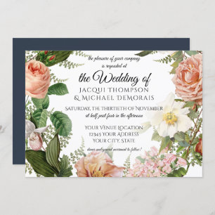 Horizontal Navy Blue Ivory Vintage Floral Wedding Invitation