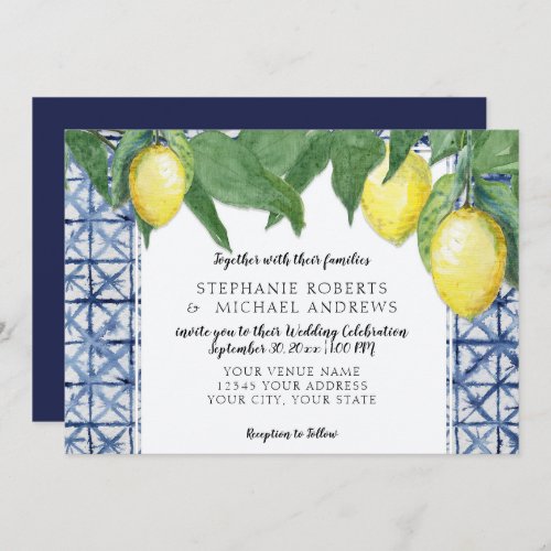 Horizontal Navy Blue White Shibori w Lemon Branch Invitation