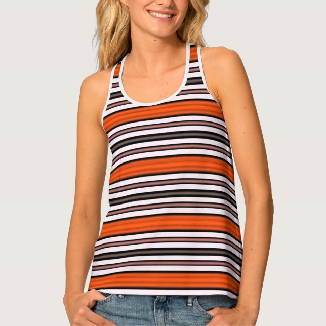 Horizontal Orange, Black and White Stripes Pattern Tank Top (Front)