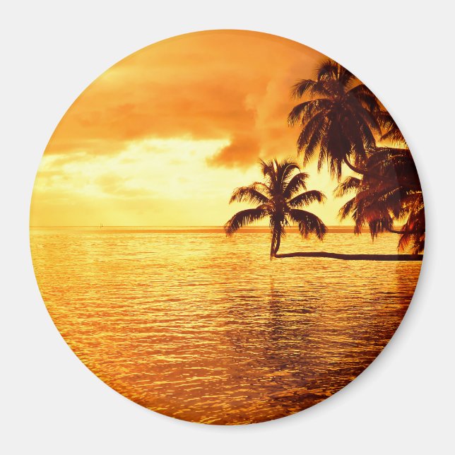 Horizontal palm tree sunset round magnet (Front)