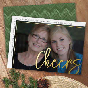Horizontal Photo Green Chevrons Huge Script Cheers Foil Holiday Card